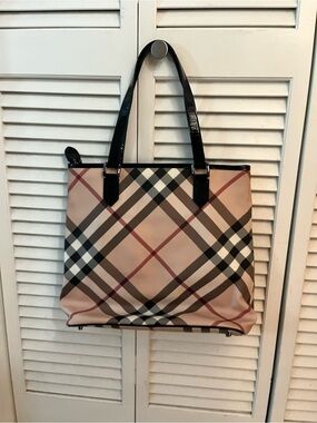 Burberry Beige Plaid Tote with Black Handles